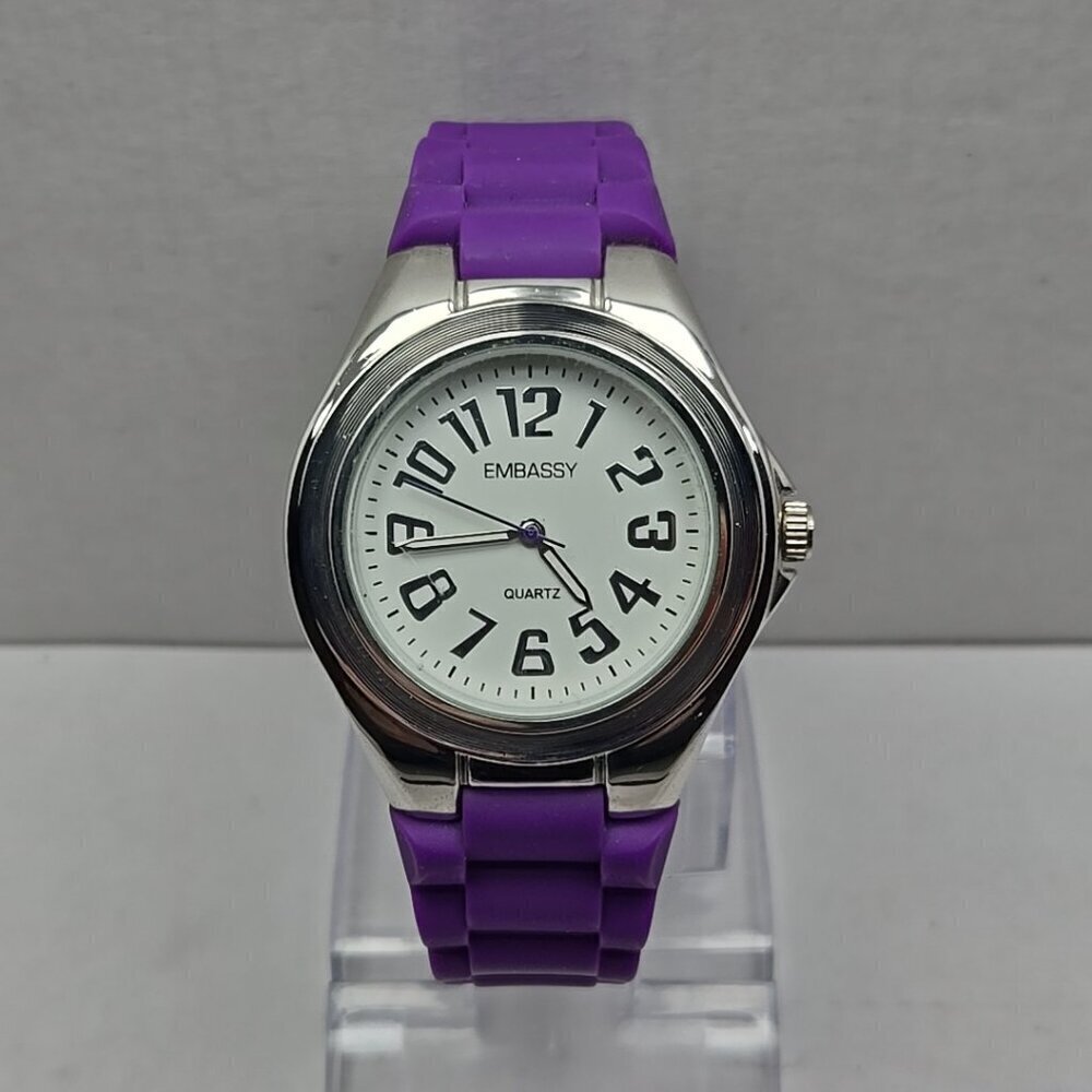 Womens Embassy By Gruen Silver Tone Purple Watch Silicone Band New Battery